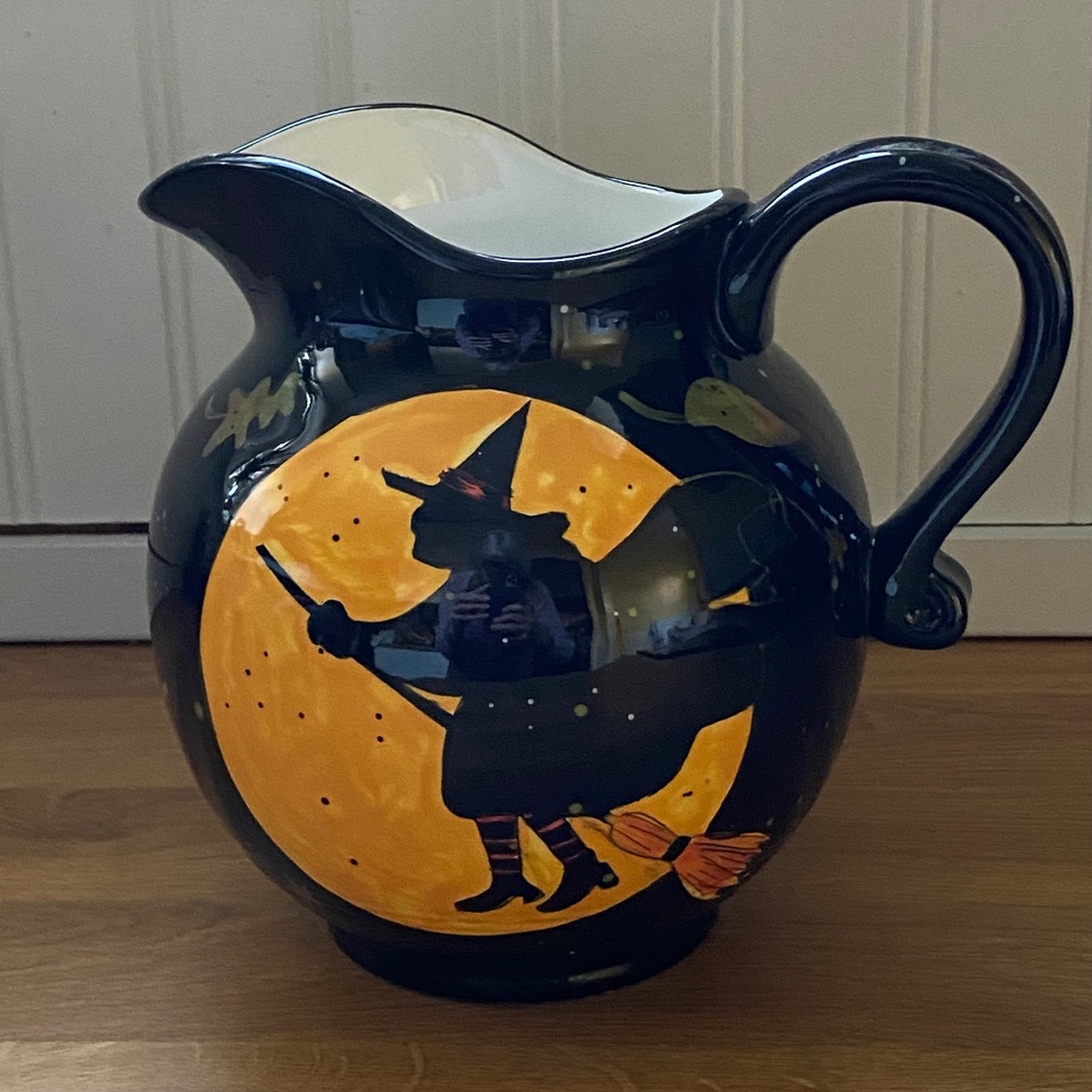 Susan Winget Halloween Pitcher Black Ceramic Moon Witch